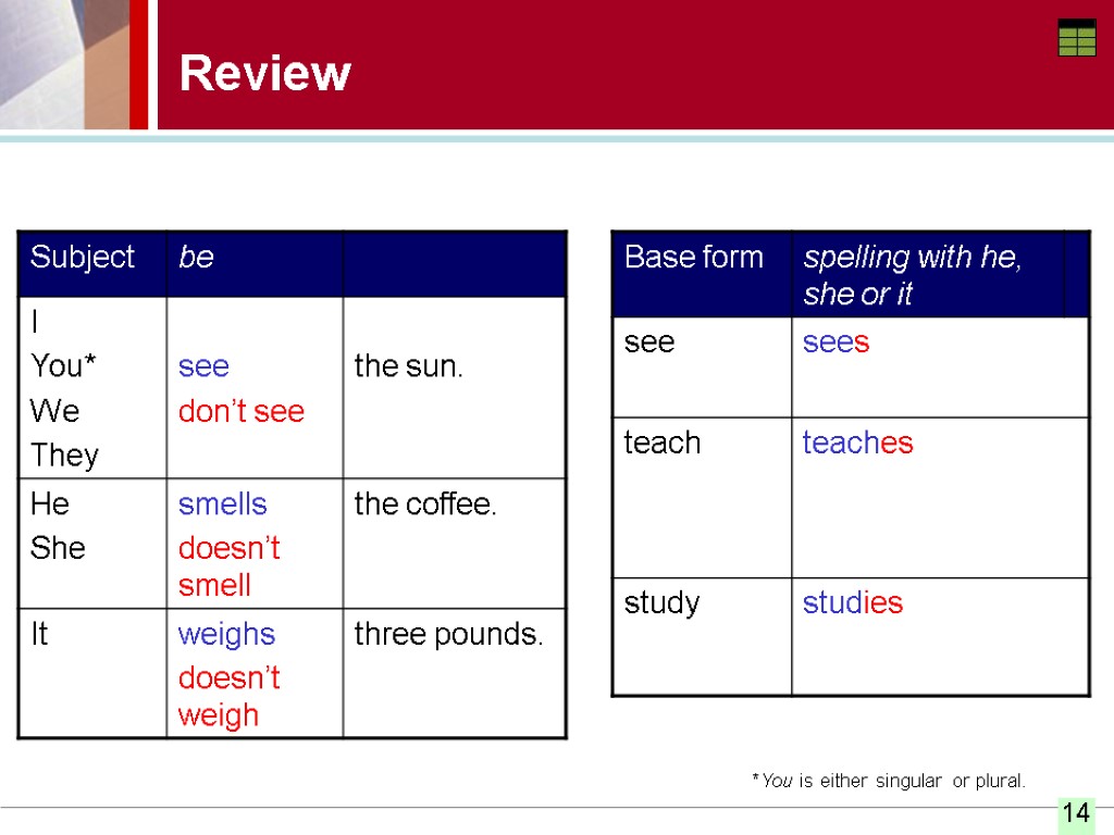 Review *You is either singular or plural.